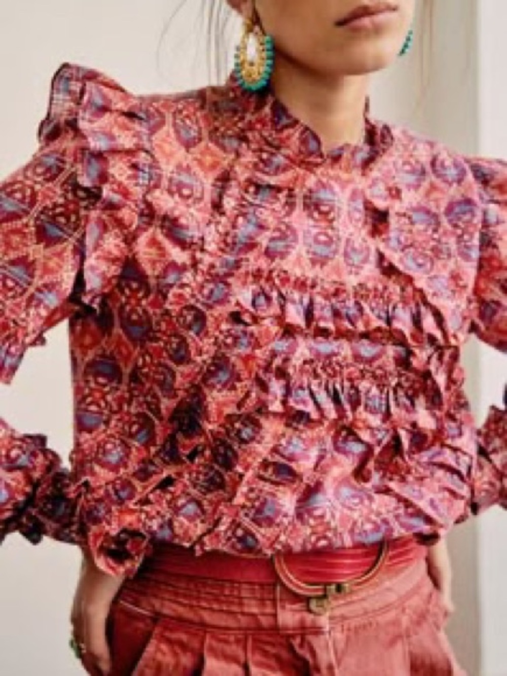 Sezane Ruffle Front Boho Print Top - Pink Multicolor